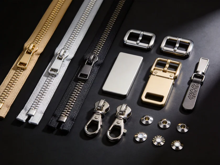 Premium custom bag hardware components including zippers buckles and metal rivets on dark surface
