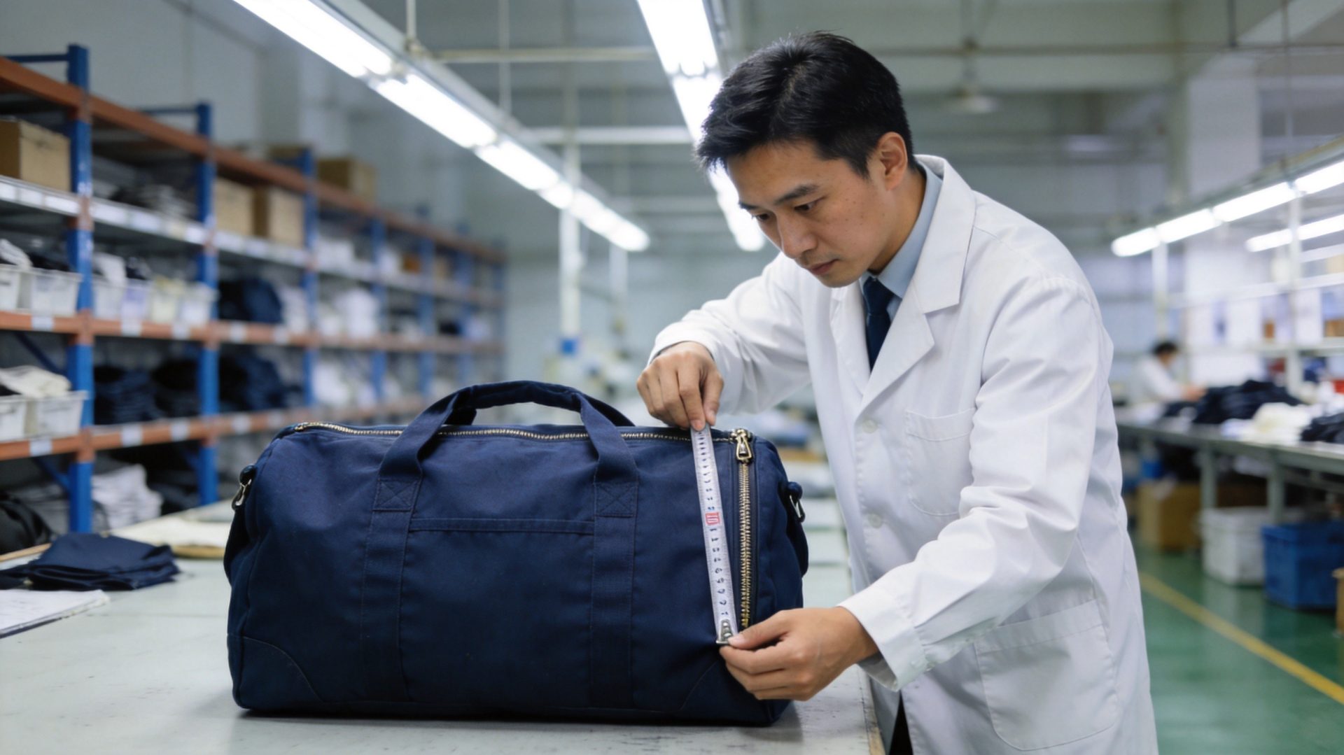 Quality control inspector examining a premium duffel bag with digital calipers in a Chinese factory