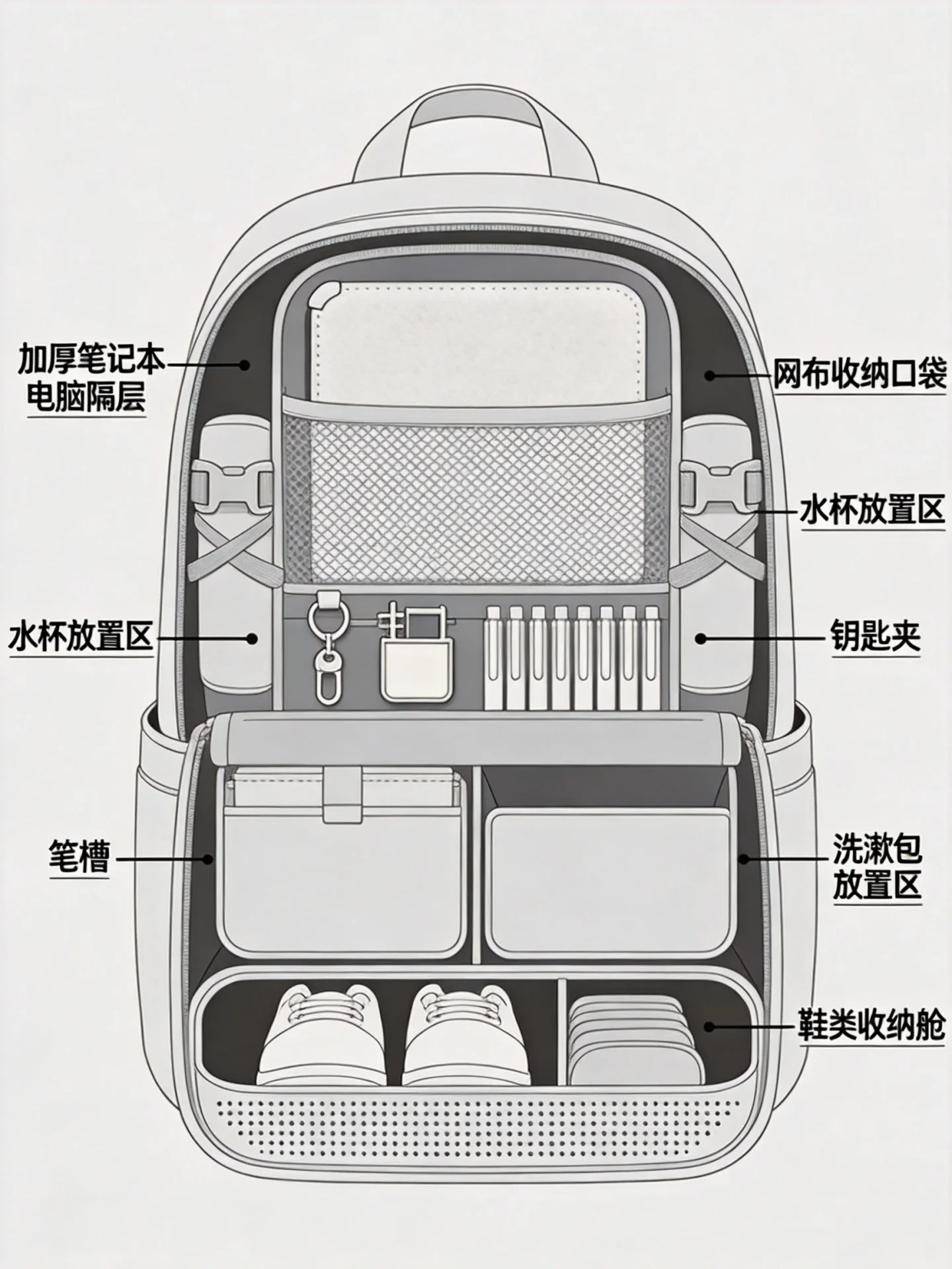Internal organization system design for airline-compliant carry-on backpack