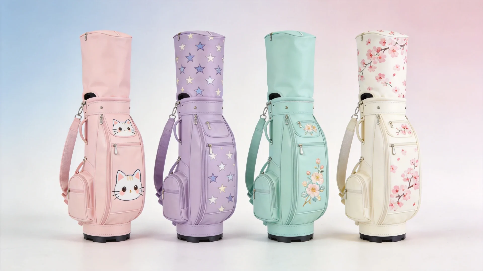 Custom kawaii golf bags in pastel colors with cute designs