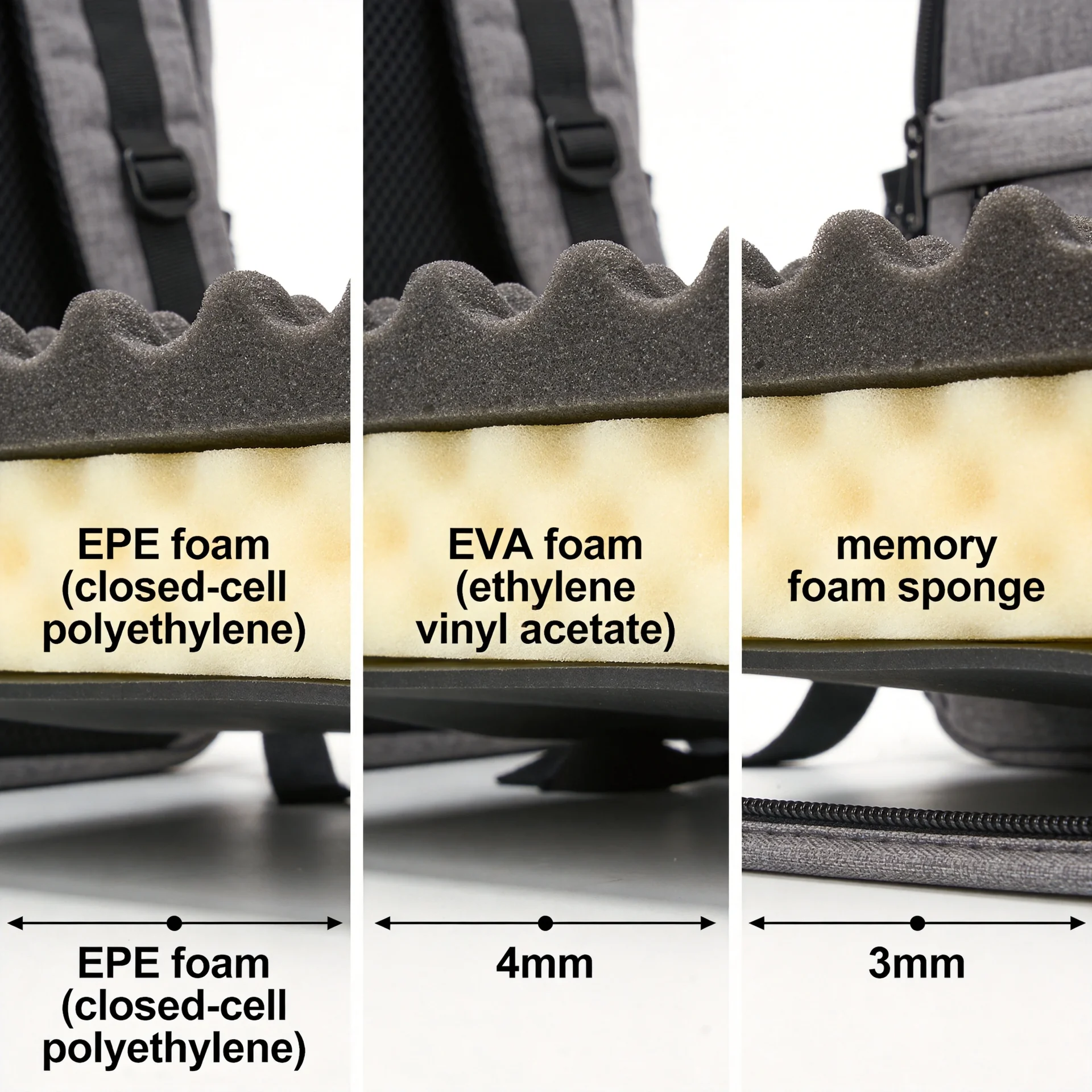 Laptop backpack padding material comparison - EPE foam vs EVA foam vs memory sponge layers for device protection