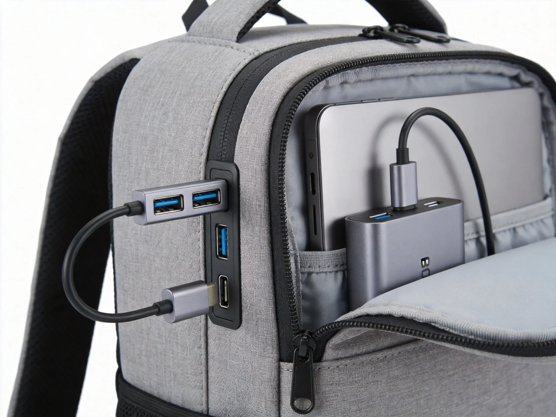 USB charging port integration in laptop backpack - external USB-C port with internal power bank pocket and cable routing system