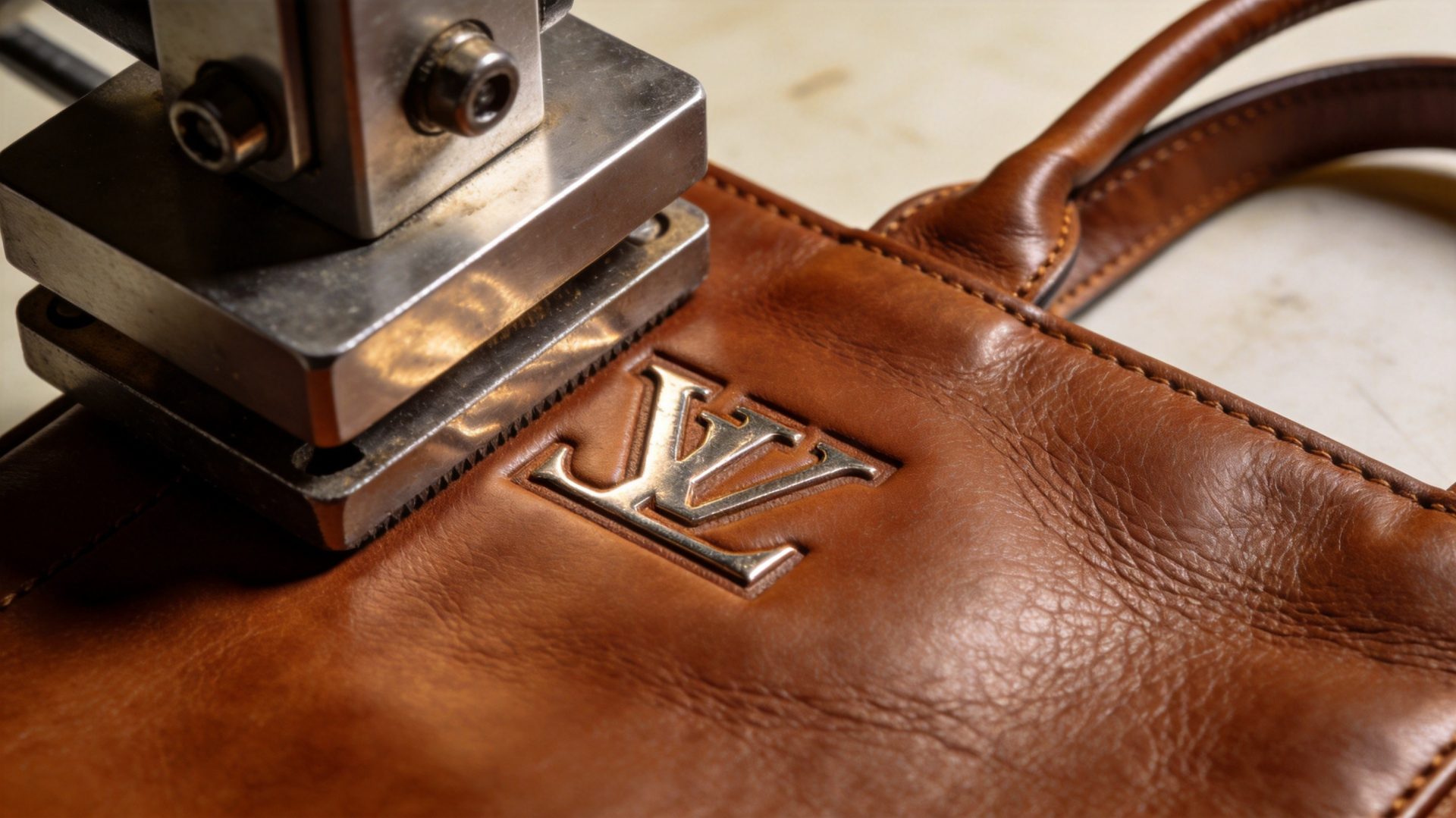 Hot stamping debossing process applying brand logo into premium brown leather surface