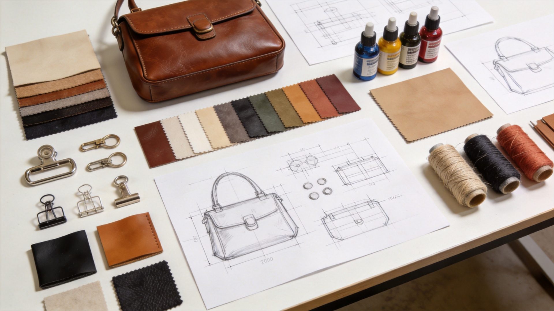 Leather bag design workspace with material swatches, hardware samples, and technical drawings