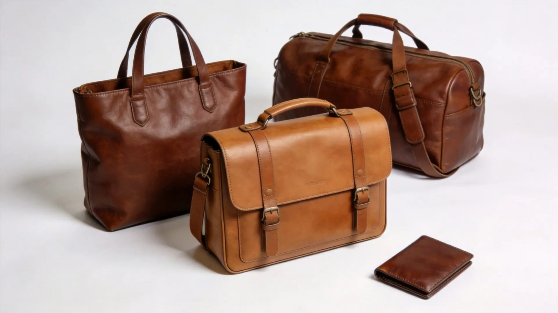 Finished genuine leather tote and carryall bags showing the natural patina of vegetable-tanned and pebbled leather