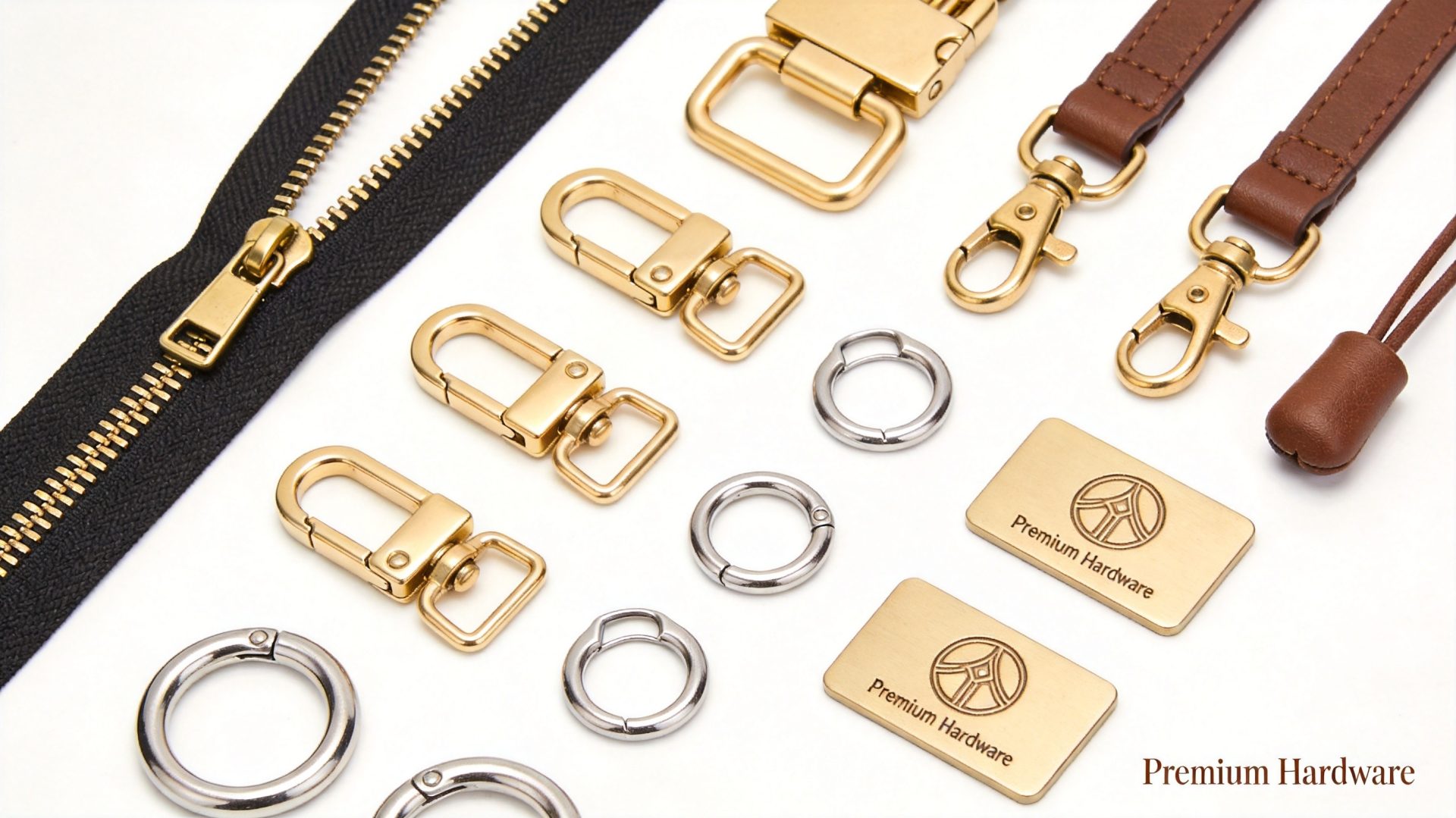 Premium bag hardware components including brass zippers, metal buckles, D-rings, and custom logo tags