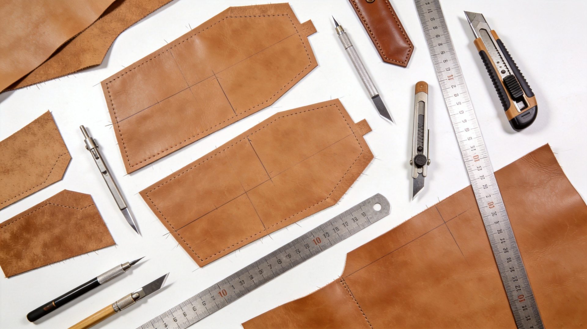 Precision leather pattern cutting with templates and cutting tools in a modern workshop