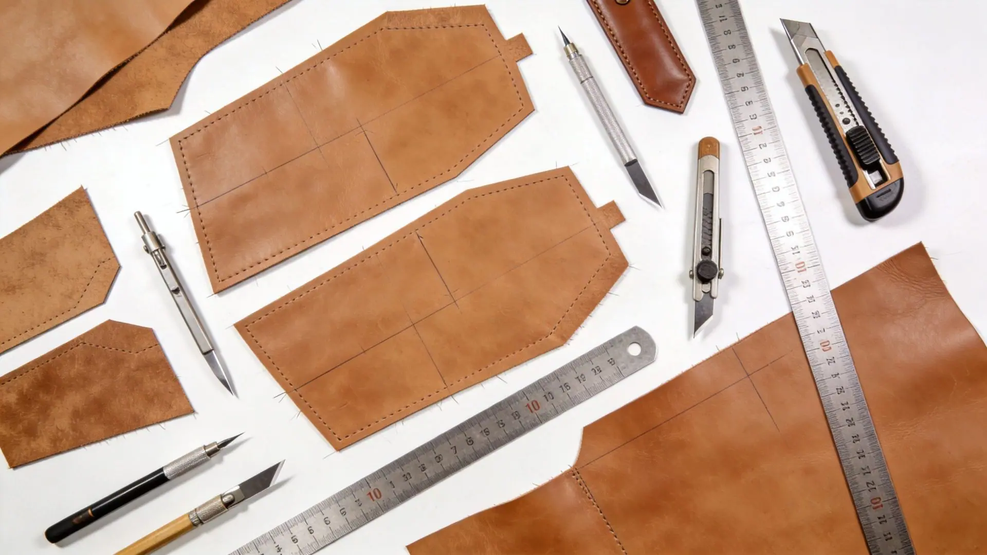 Pattern cutting of leather panels on a workbench, planning the tote panels before stitching