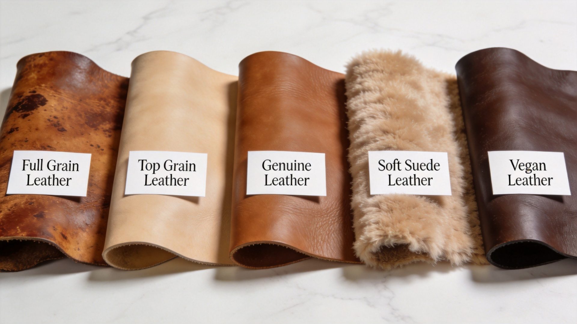 Five types of leather hides displayed for comparison in a professional manufacturing setting