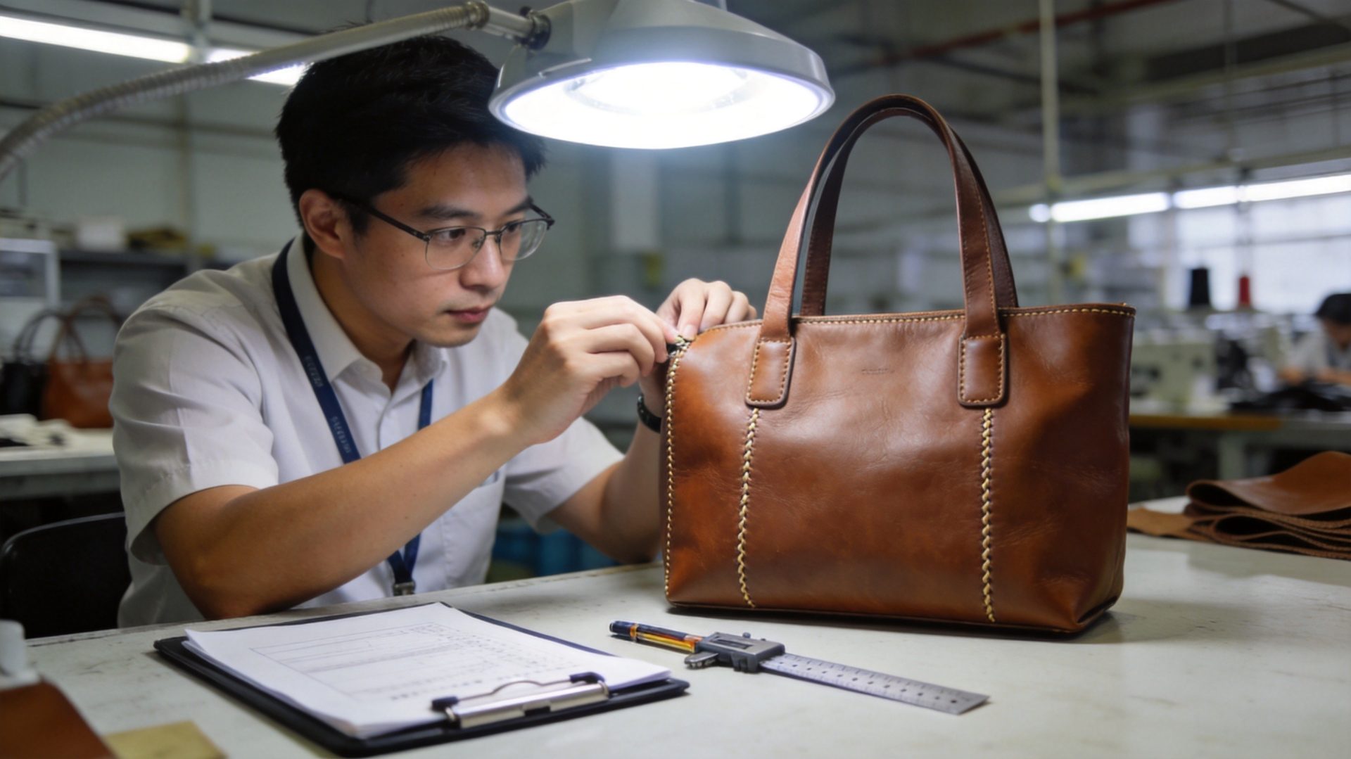 Quality control inspector examining leather bag stitching and surface quality under bright light