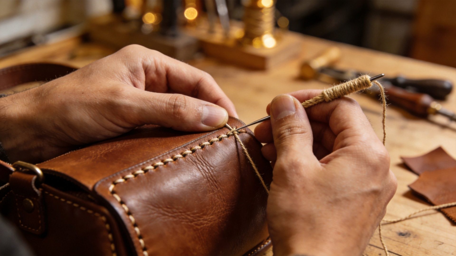 Artisan hand-stitching a premium leather bag with needle and waxed thread