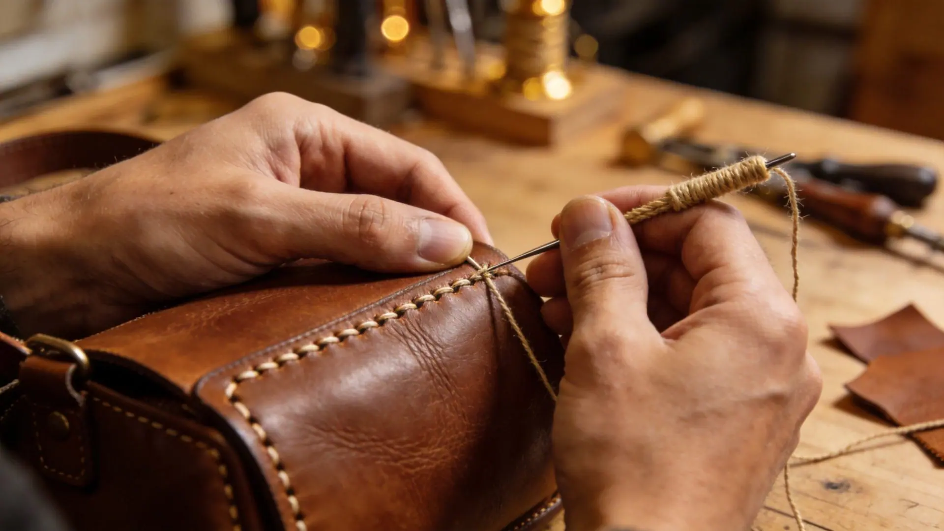 Hand stitching a genuine leather bag with waxed thread, the seam work behind a clean minimal tote