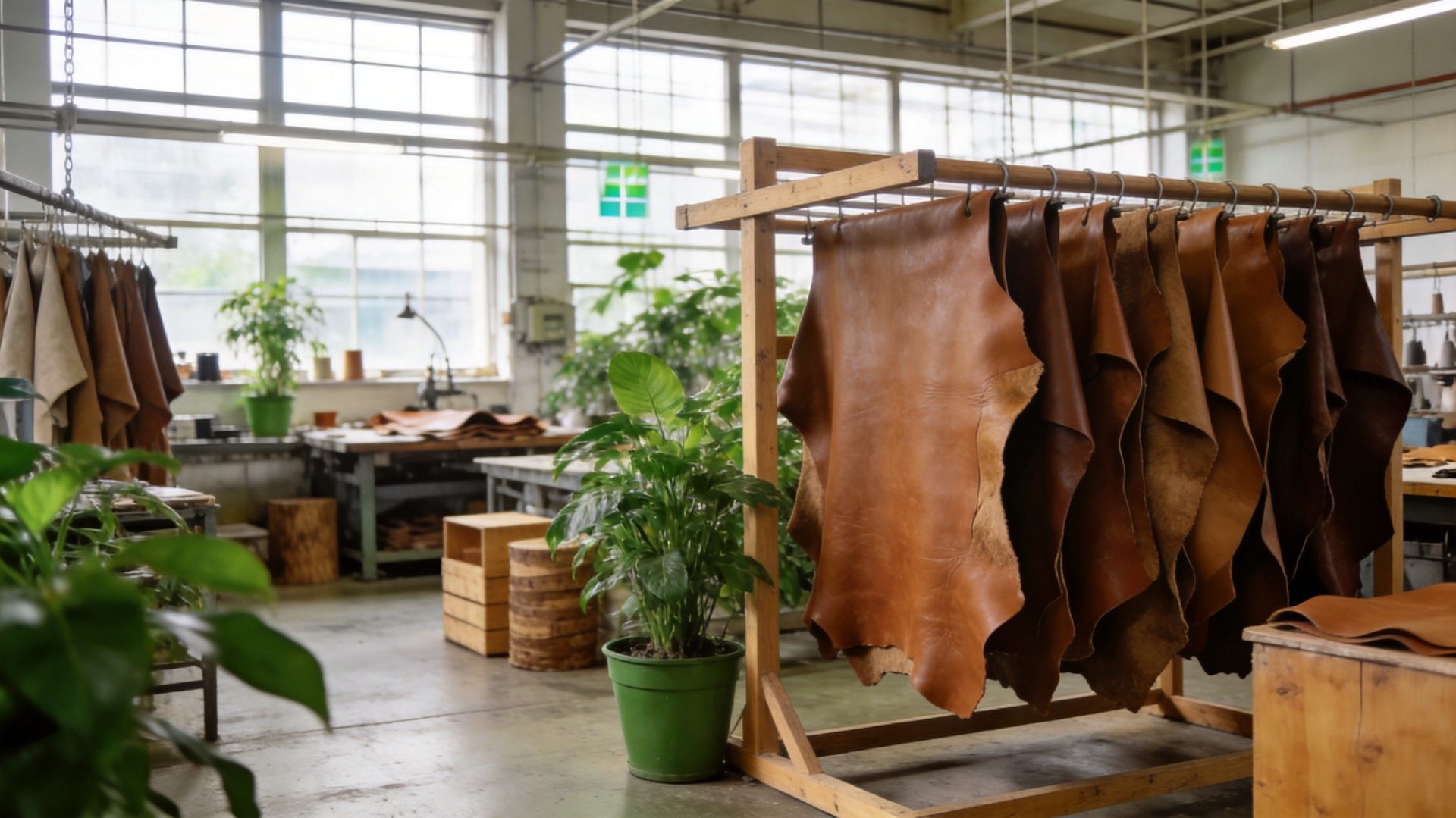 Sustainable leather manufacturing facility with natural light and eco-friendly production environment