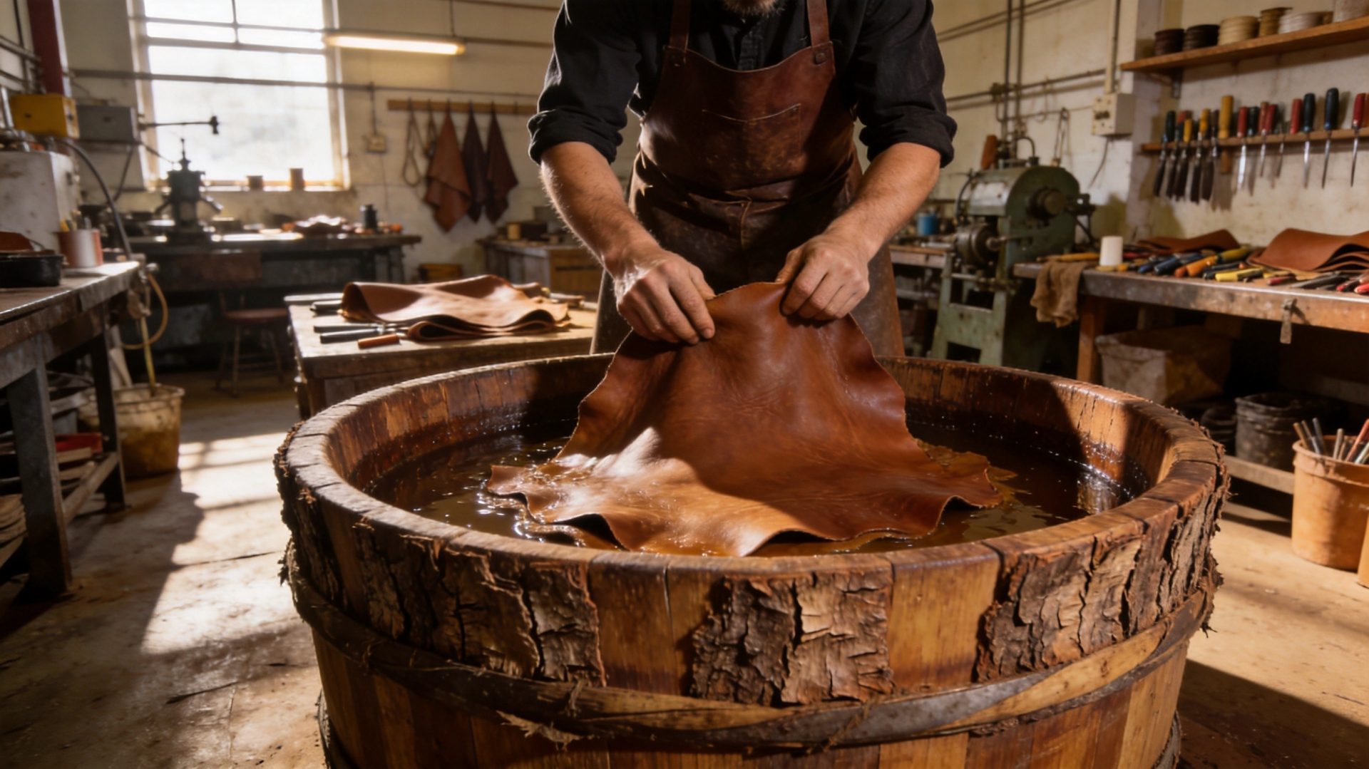 Traditional leather tanning process with wooden vats and natural bark tanning solution