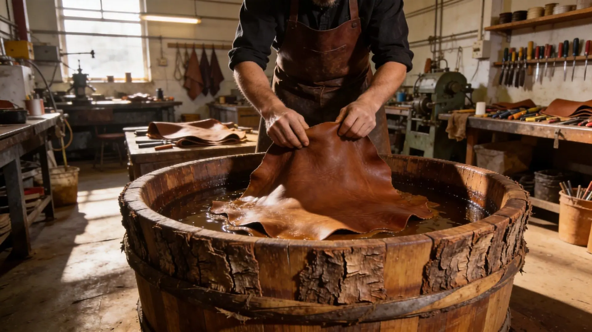 Leather tanning and finishing process in a factory, where hides are dyed and prepared for bag production