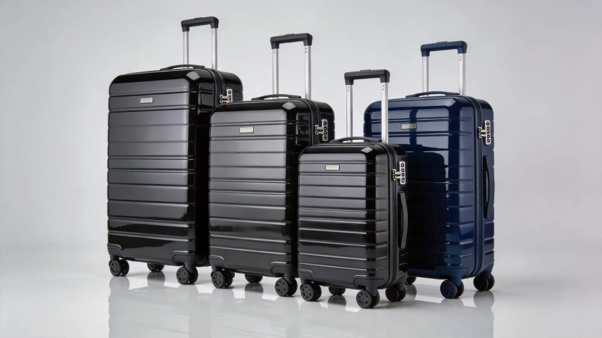 A premium hard-shell luggage collection with polycarbonate and aluminum cases and their spinning wheels, showing the Away and Rimowa-style builds on a showroom table
