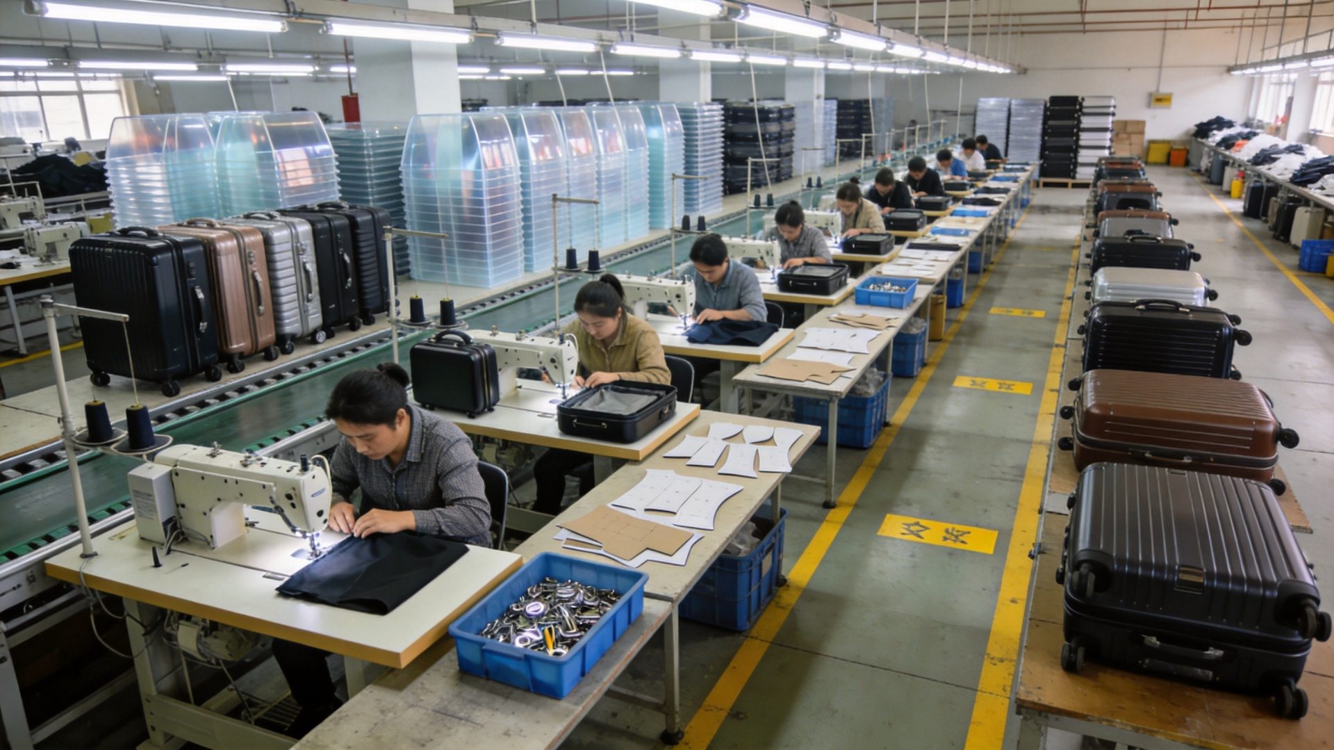 Luggage manufacturing workshop with sewing machines and assembly lines in China
