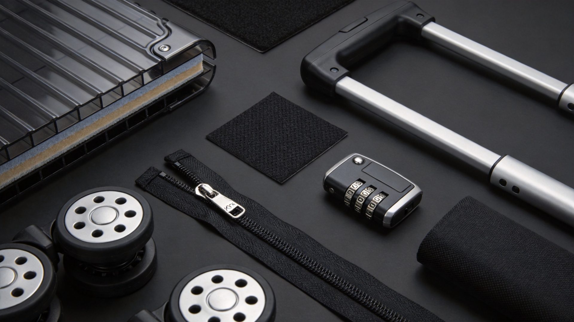 Luggage materials close-up: PC shell, 1680D nylon, YKK zipper, TSA lock, spinner wheels