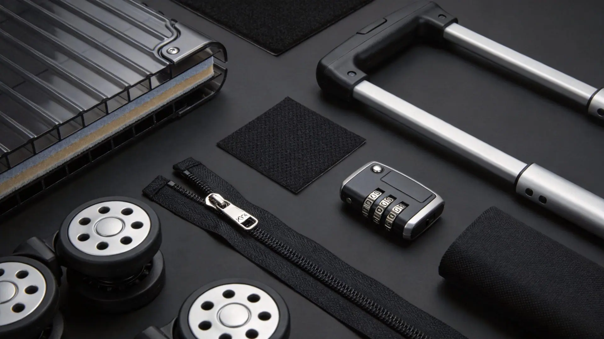 Close-up of luggage shell materials including polycarbonate hard-shell panels and woven nylon fabric, the PC shell that Away builds with compared to the aluminum that Rimowa uses