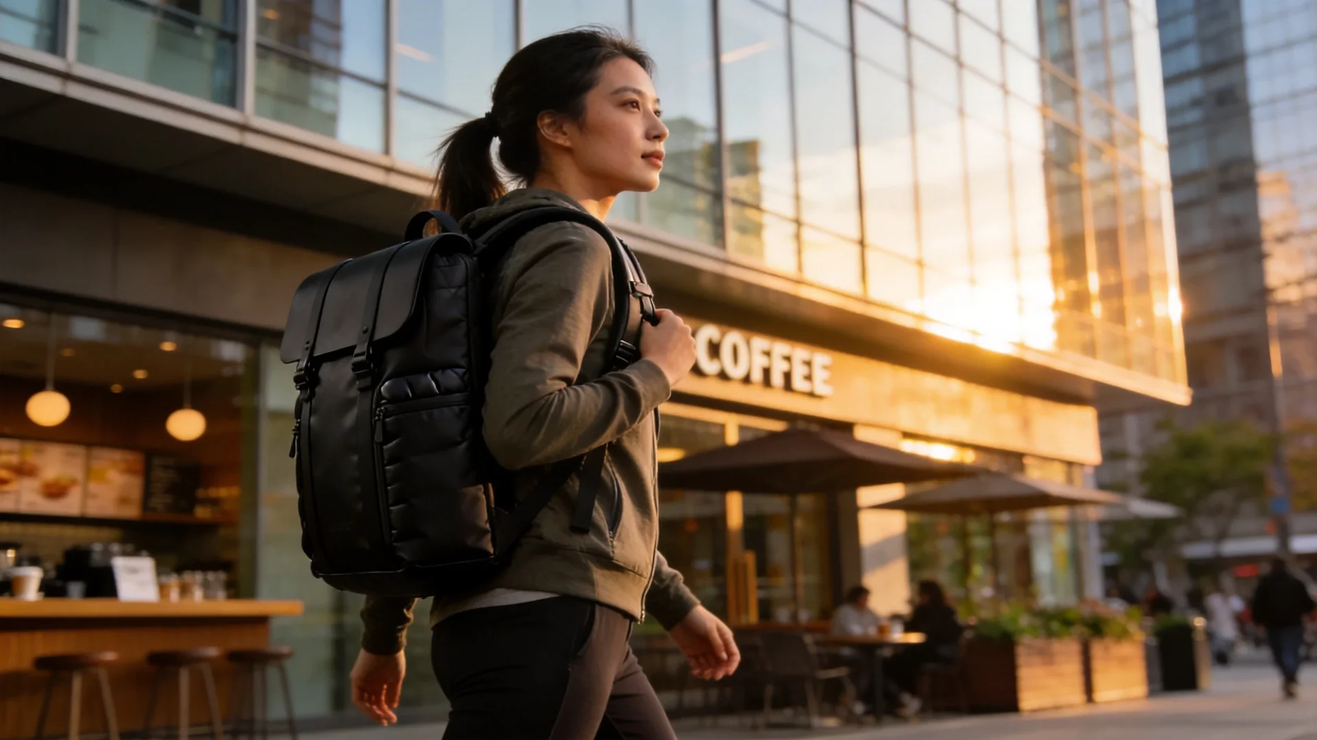 Woman carrying a Lululemon-style minimalist backpack in a modern city setting - affordable backpack alternatives for daily commute