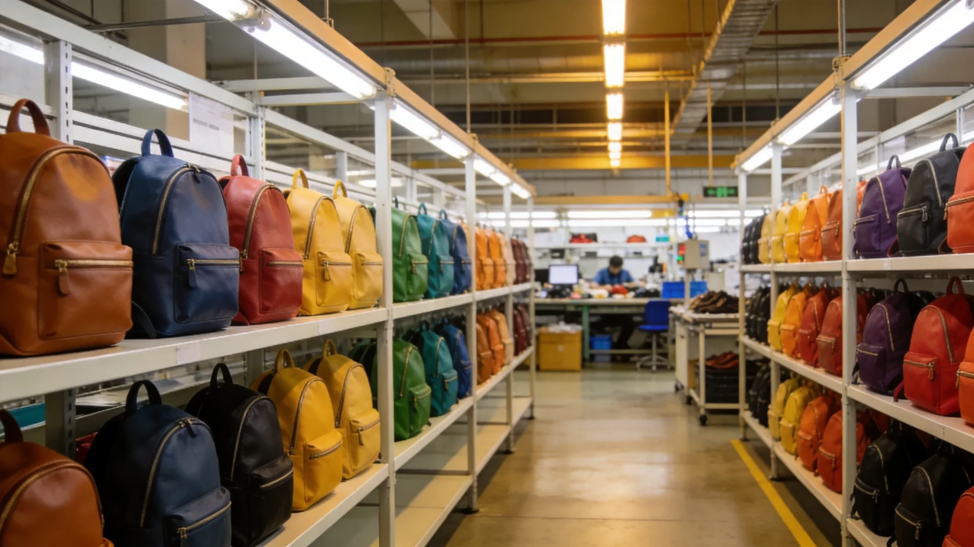 Backpack manufacturing facility showing rows of finished premium backpacks - OEM production quality for Lululemon-style alternatives