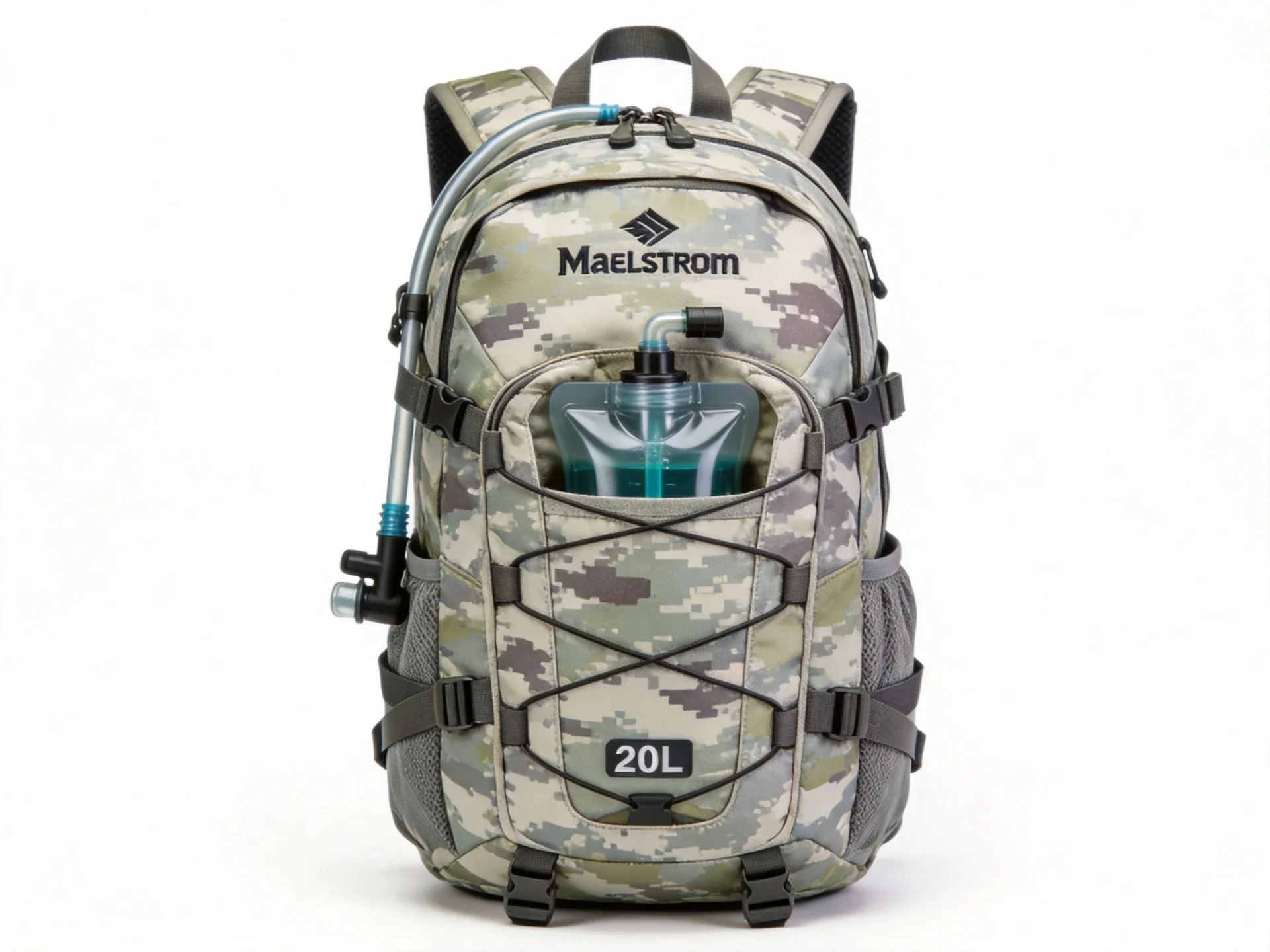 Maelstrom camo hydration backpack with water bladder