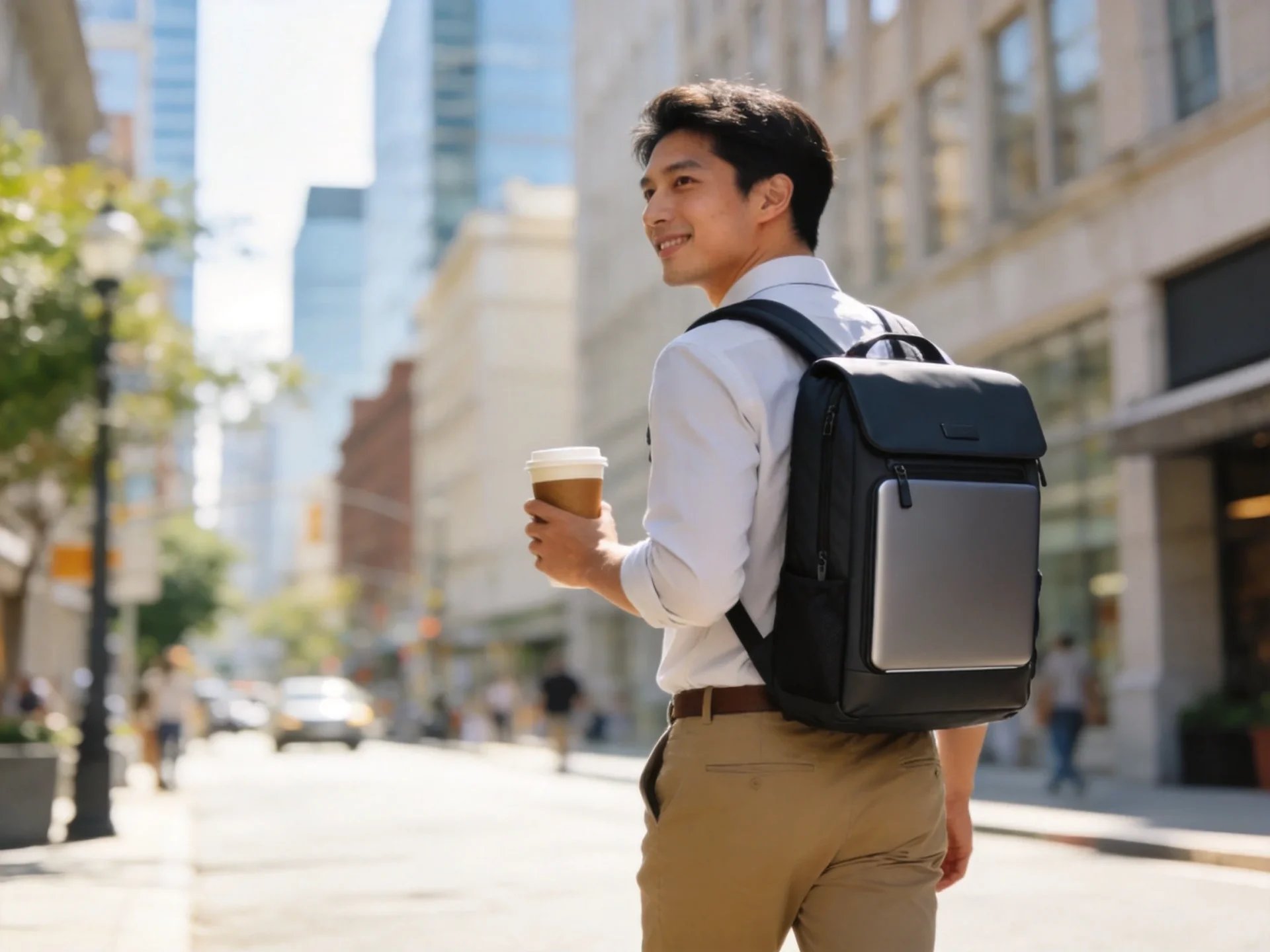 Professional commuter wearing laptop backpack in urban city environment