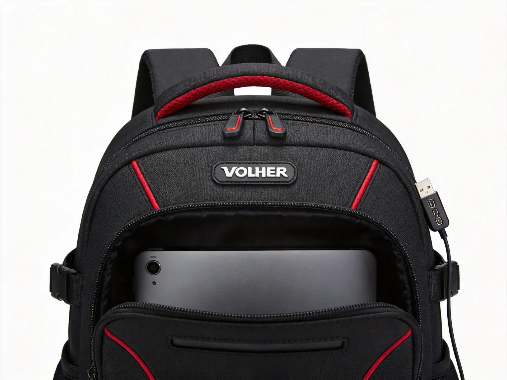 Volher laptop backpack with USB charging port anti-theft lock and red accents