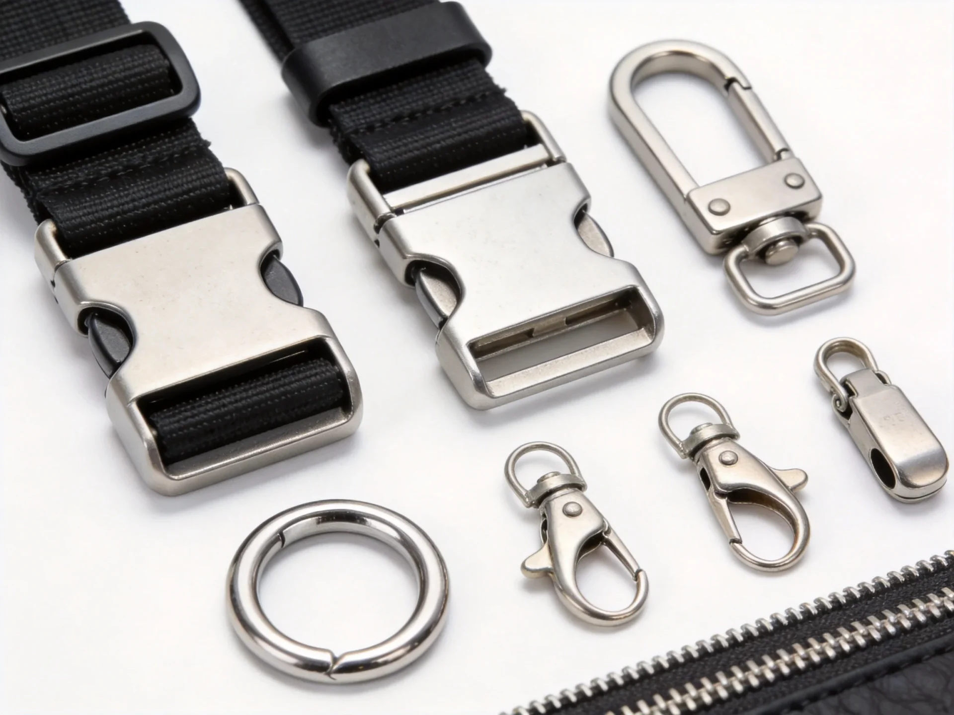 Messenger bag hardware components including magnetic buckles, side-release buckles, D-rings, and custom zipper pulls