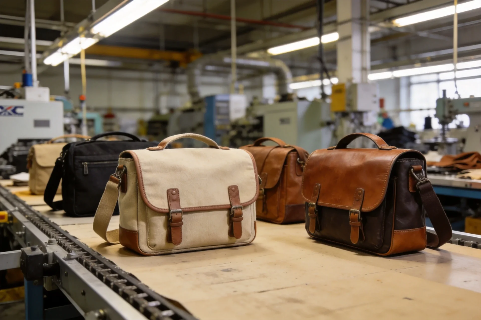 Messenger bag manufacturing workshop with premium canvas and leather bags in production