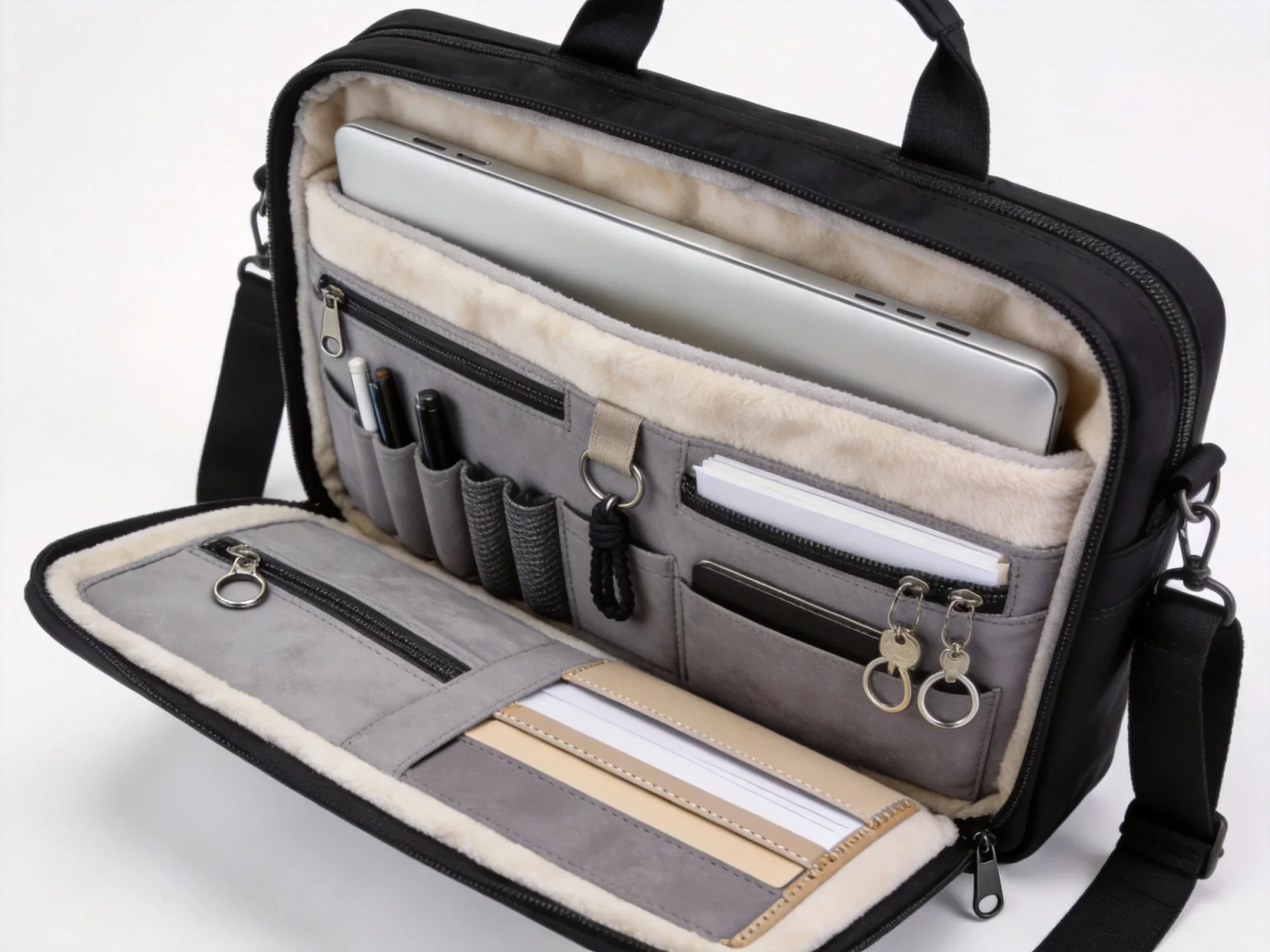 Messenger bag interior compartment design with padded laptop sleeve, organized pockets, and document dividers