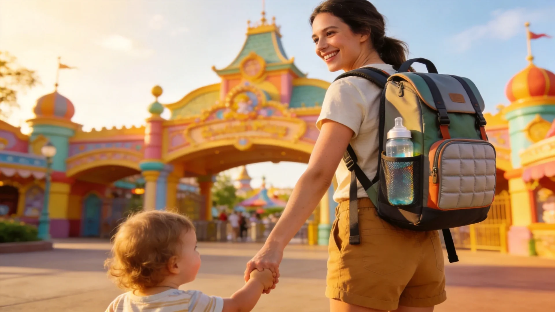 Mother with custom diaper bag at theme park - designed for all-day comfort and organization