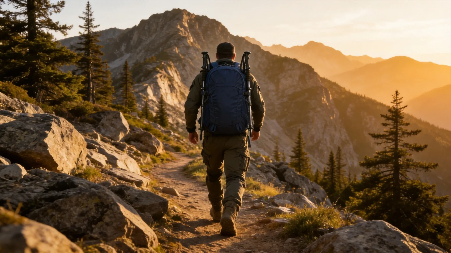 Tactical outdoor enthusiast hiking on mountain trail with backpack