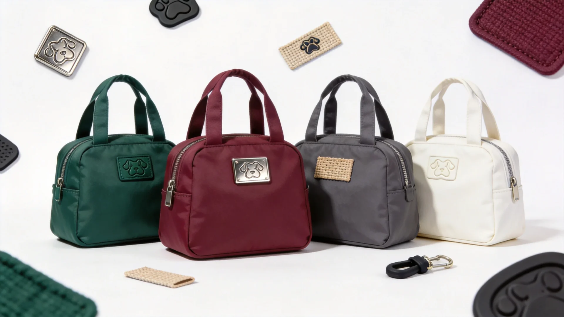 Custom branding options for pet carrier bags including embossed logos, metal plates, woven labels and custom hardware