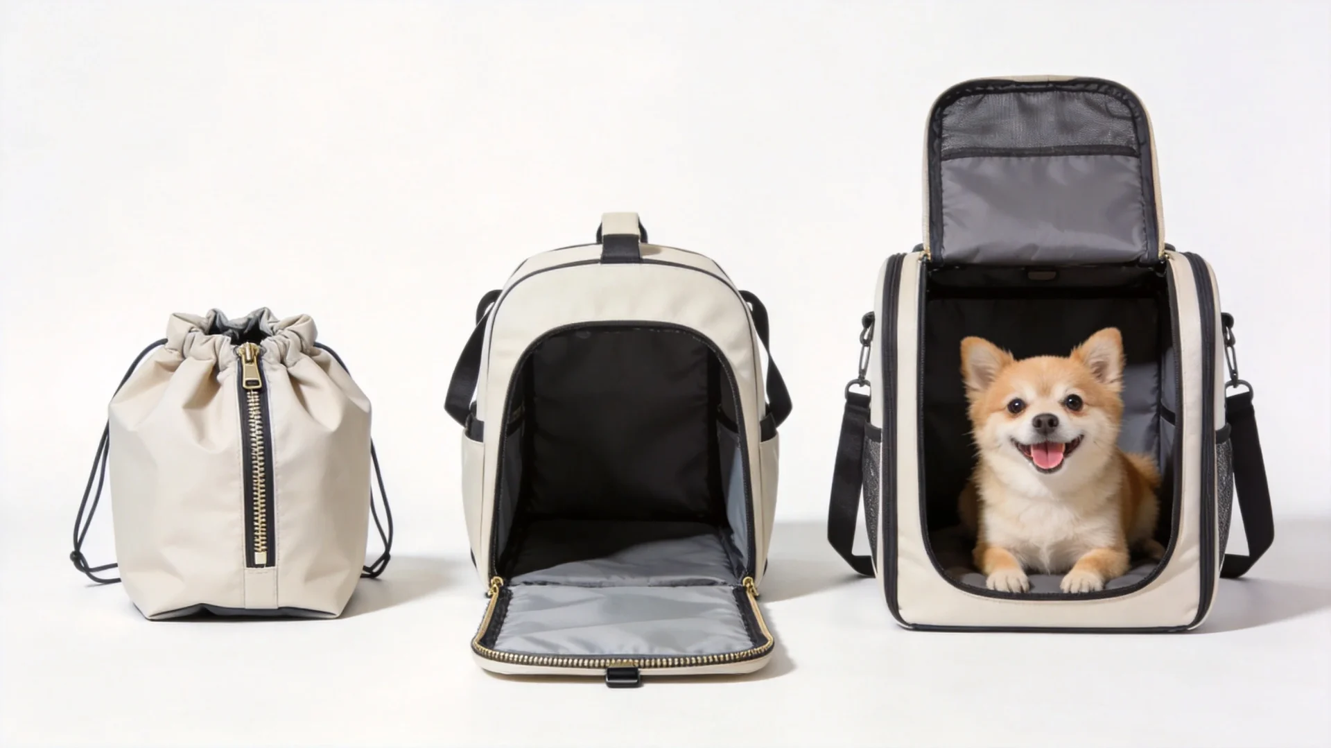 Three stages of expandable pet carrier design showing compact, partially expanded and fully expanded configurations