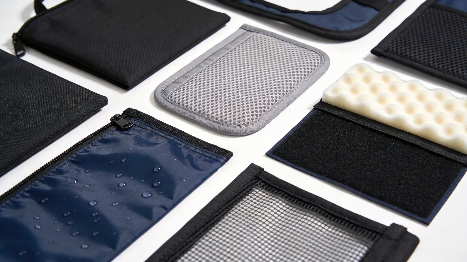Various materials and fabrics used in pet carrier manufacturing including Oxford cloth, mesh, nylon and waterproof coatings