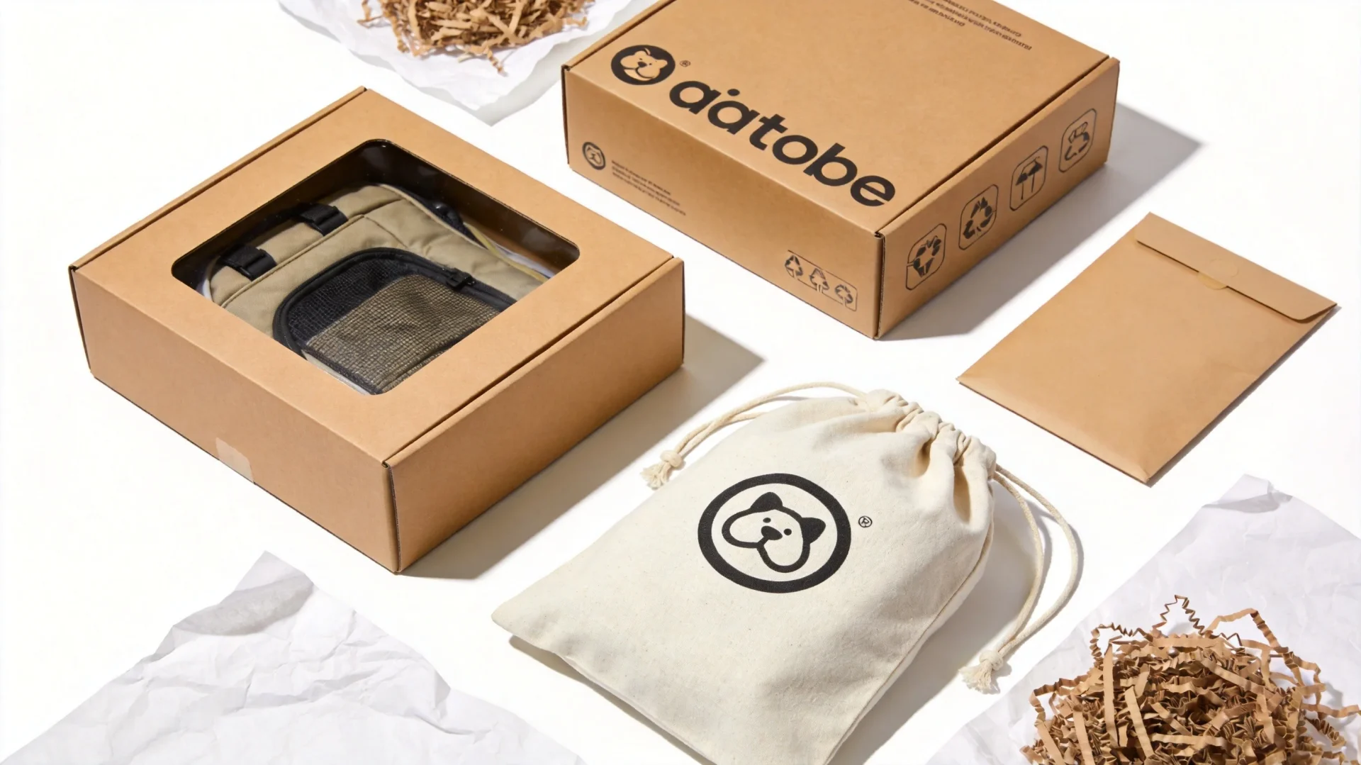 Retail packaging options for pet carrier bags including kraft boxes, cotton bags and eco-friendly shipping materials
