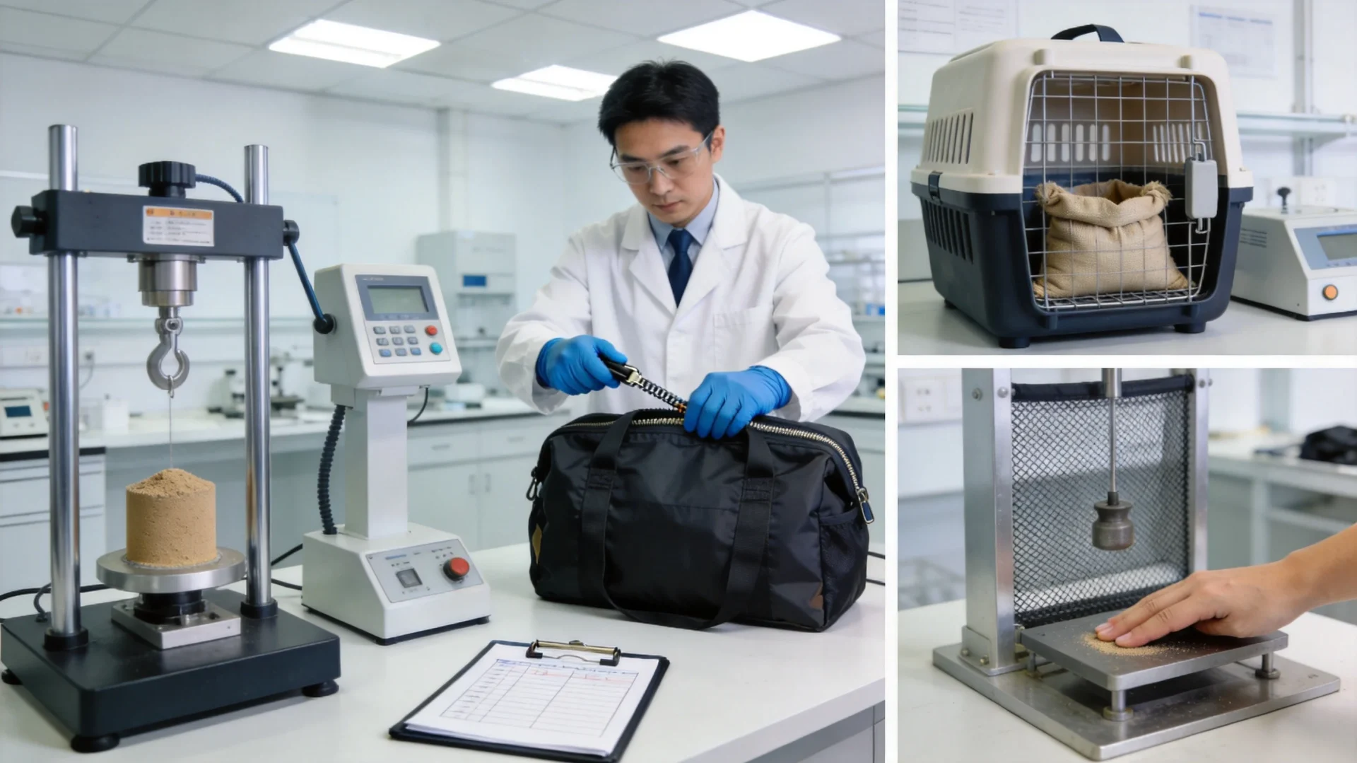 Quality control laboratory testing for pet carrier bags including zipper strength testing and weight capacity testing