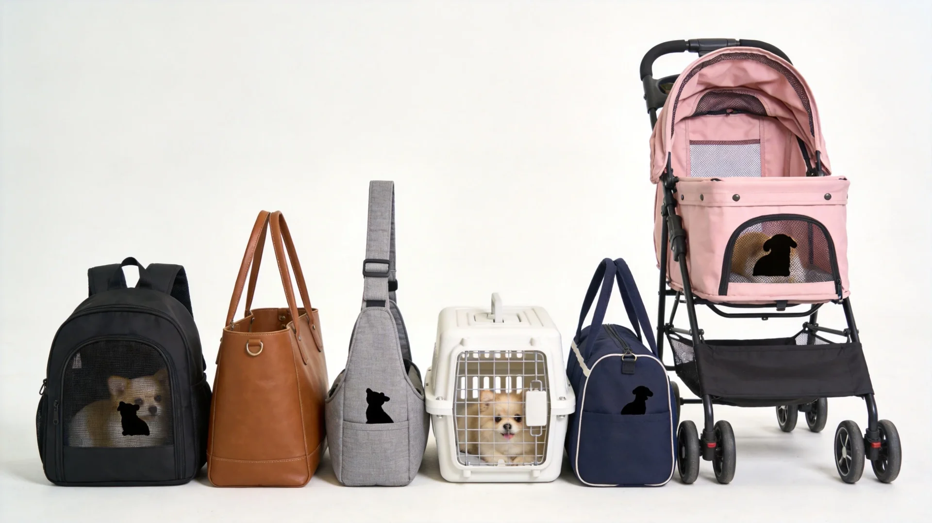 Various types of pet carrier bags including backpacks, totes, slings, hard-sided and soft-sided carriers