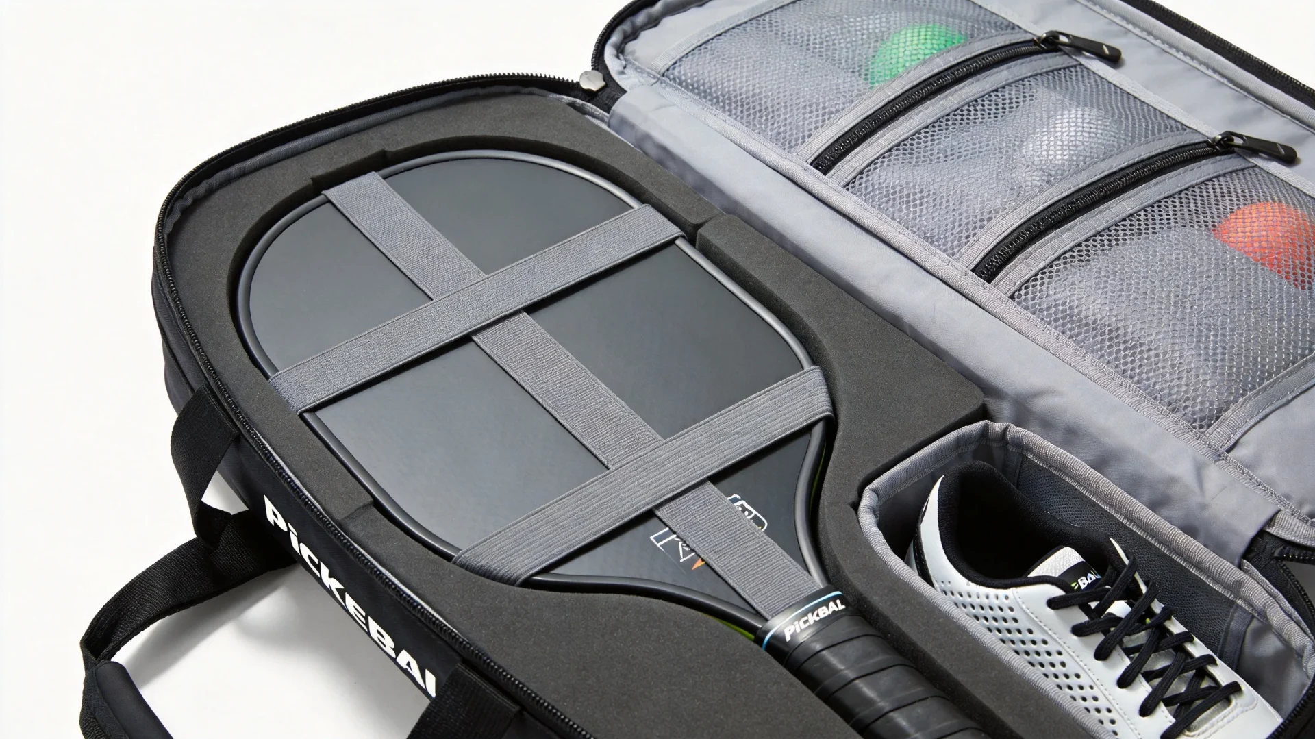 Interior paddle compartment design with EVA foam dividers and mesh organizer pockets