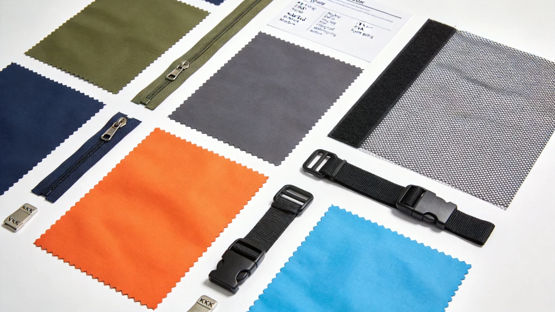 Material swatches for racket bag manufacturing including nylon, polyester, TPU, EVA foam, and mesh