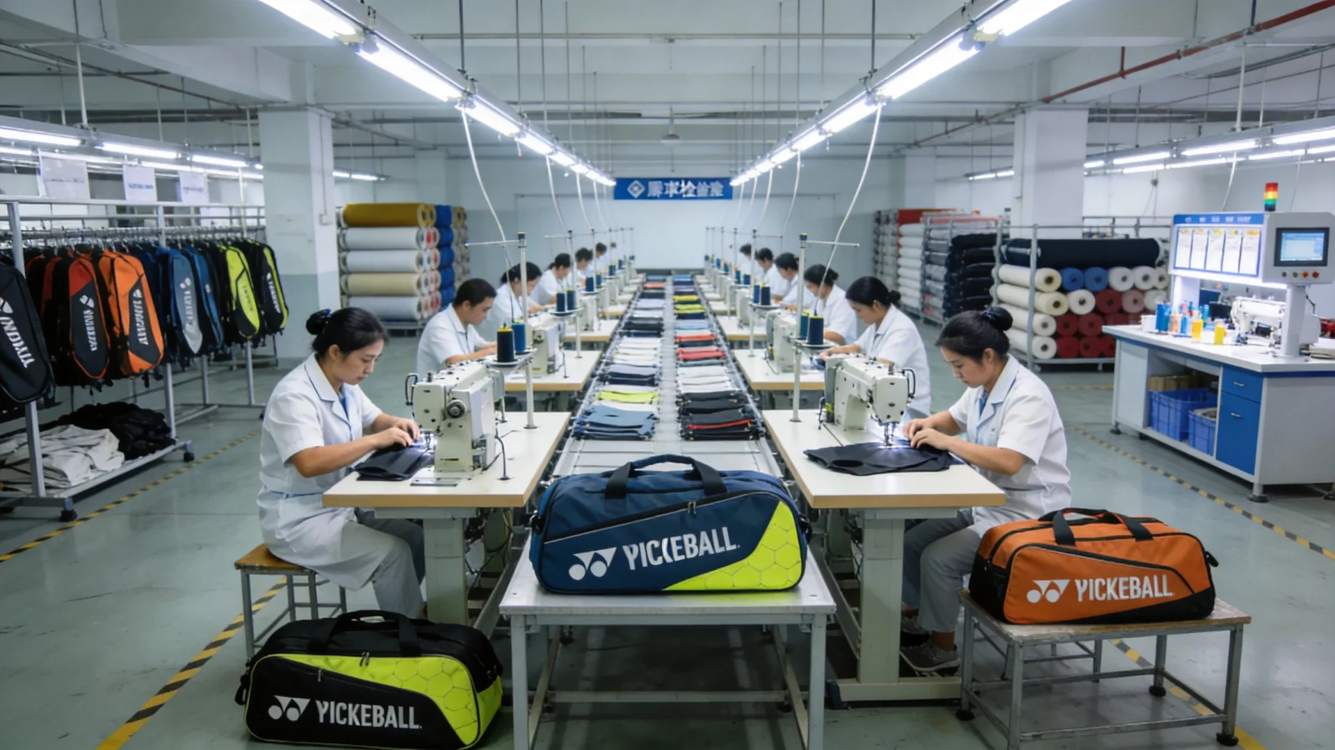 Pickleball bag factory production line with workers operating industrial sewing machines