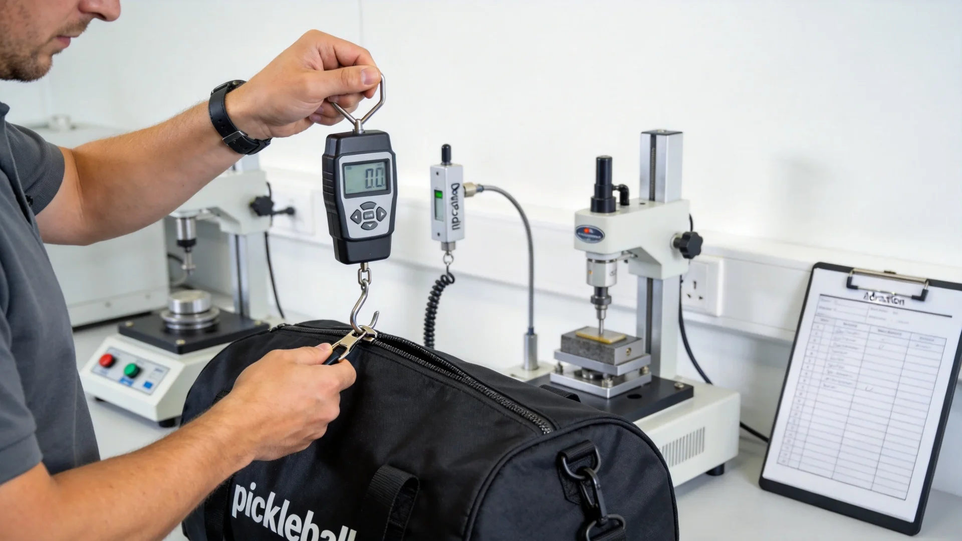 Quality control testing laboratory with force gauge and load testing equipment for sports bags