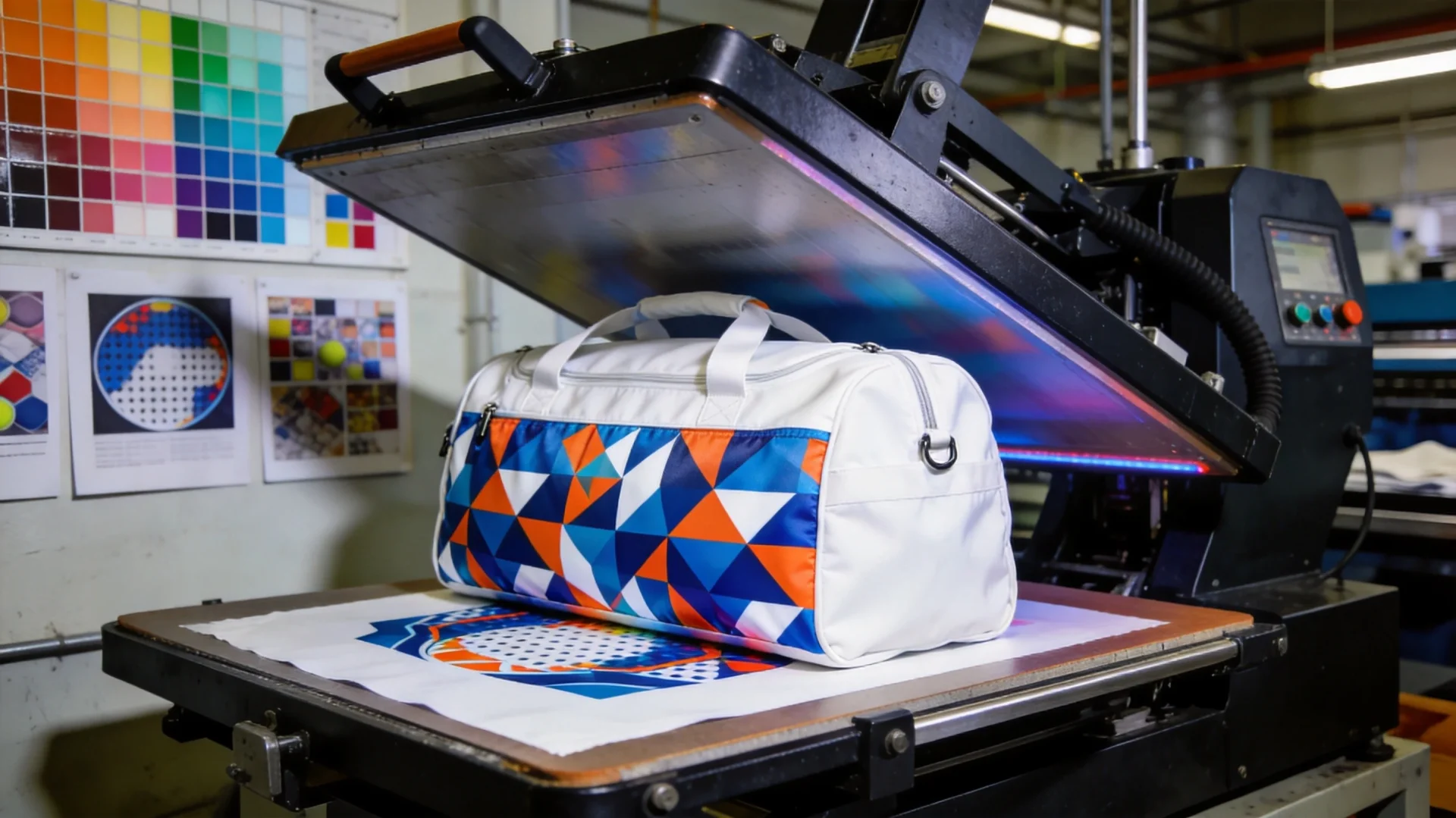 Sublimation printing process applying custom full-color designs to pickleball bags