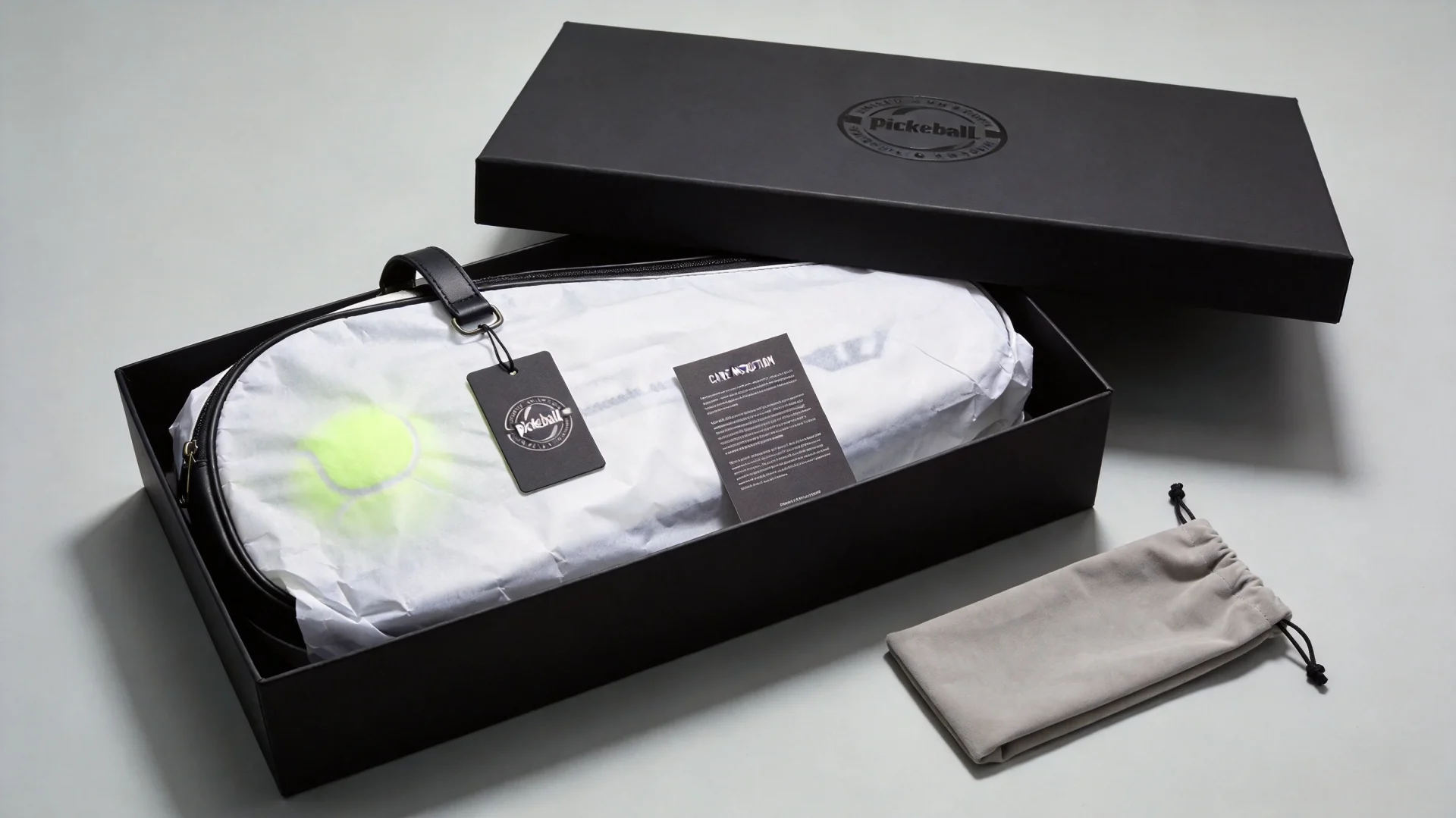 Premium retail packaging for pickleball bags with branded box, tissue paper, and accessories