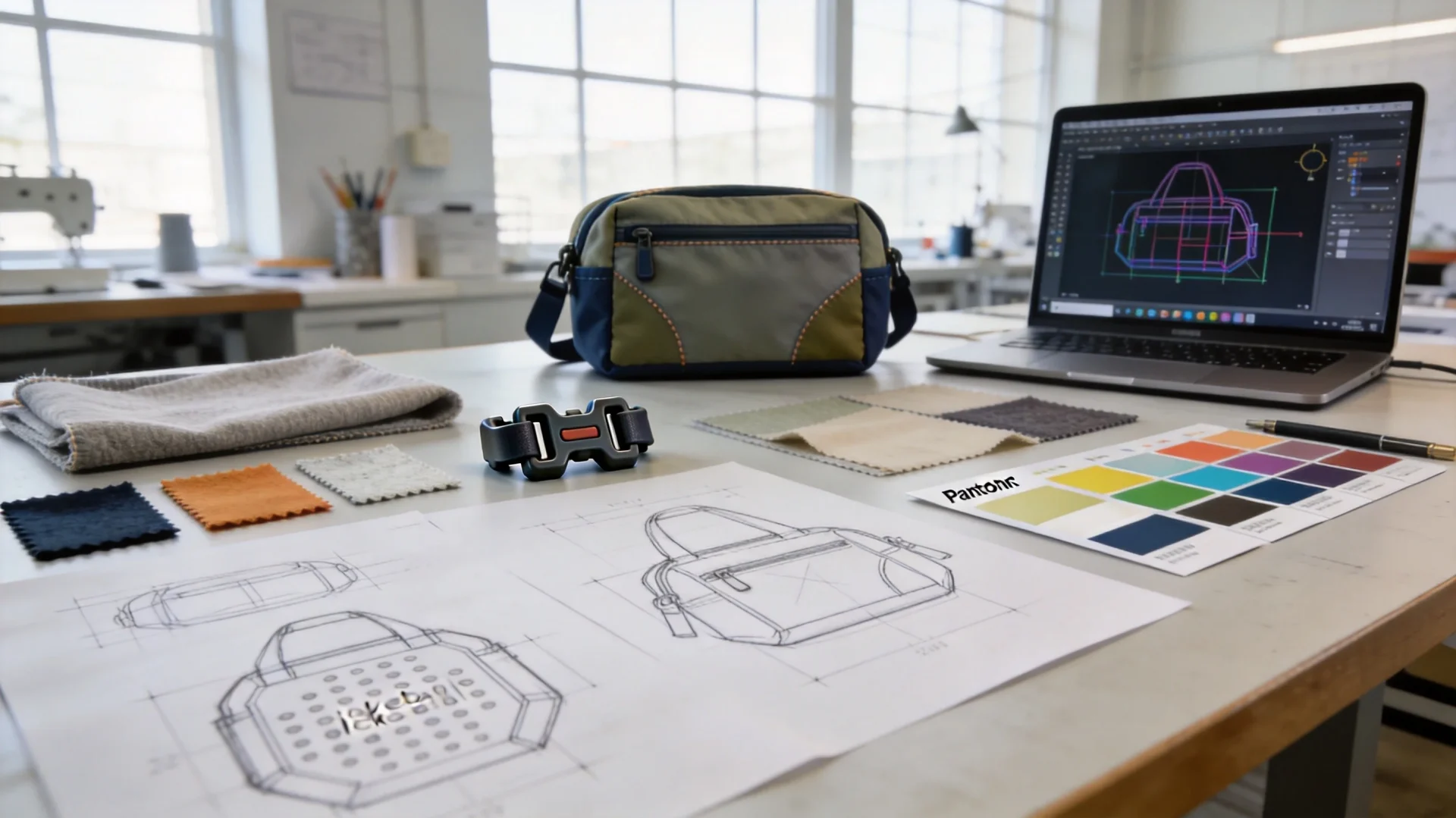 Design and prototyping workstation with fabric swatches, technical drawings, and prototype bags