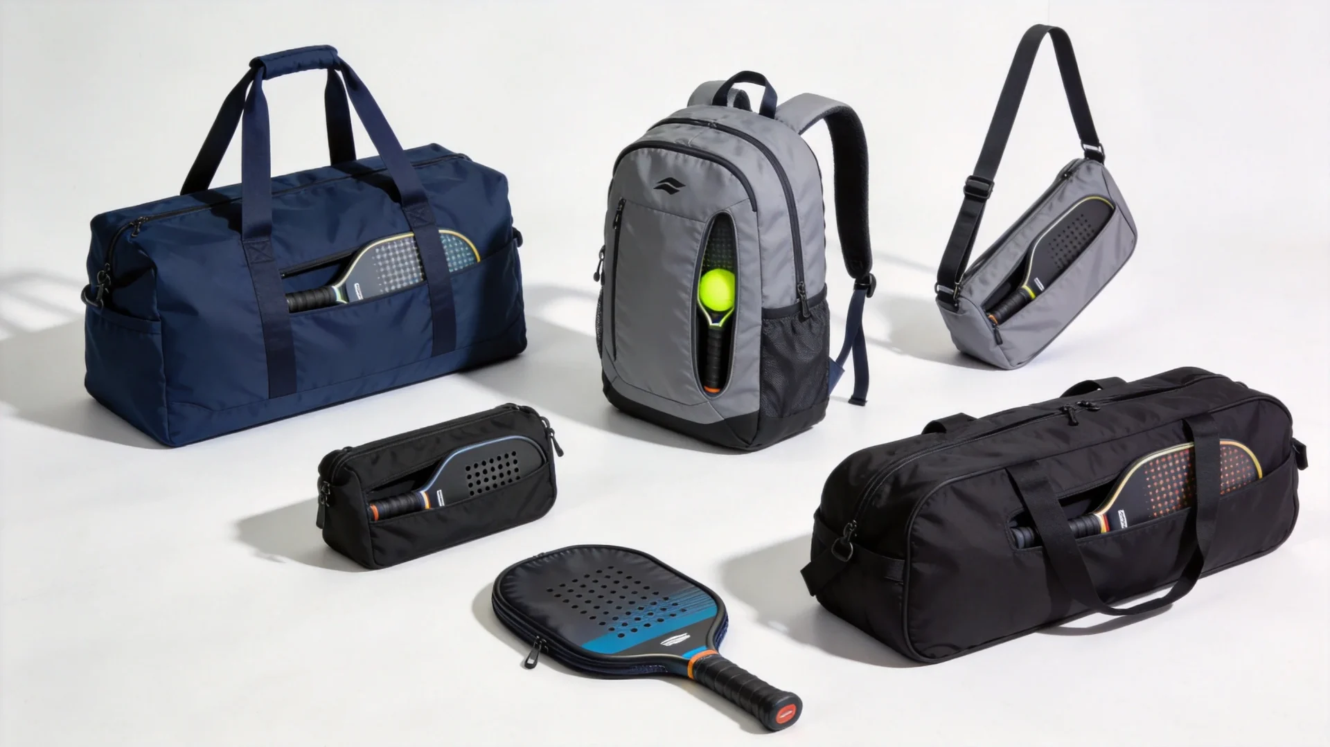 Types of pickleball bags including totes, backpacks, slings, duffels, and paddle covers