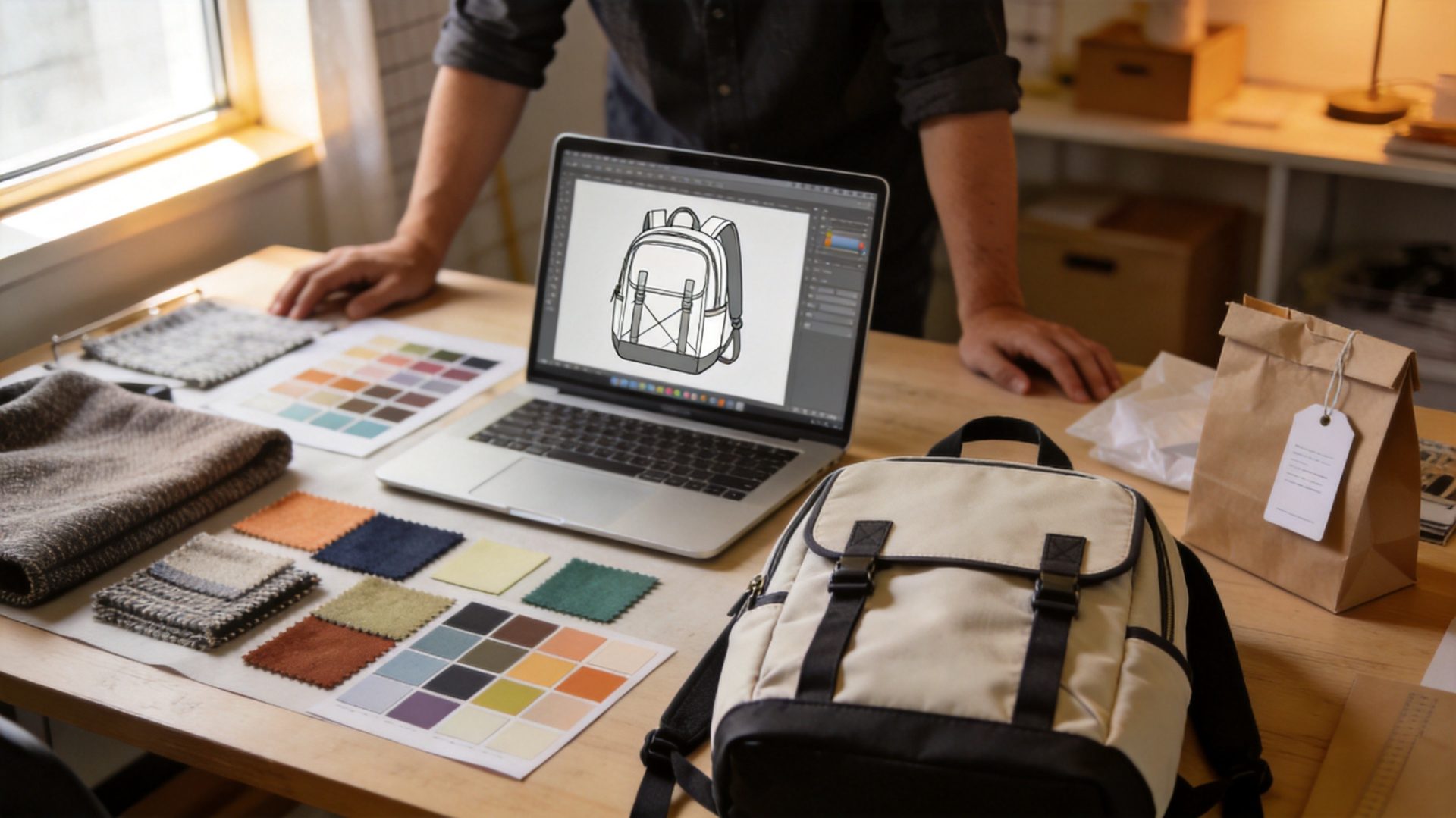 Designer developing a custom backpack brand with design mockups and fabric samples