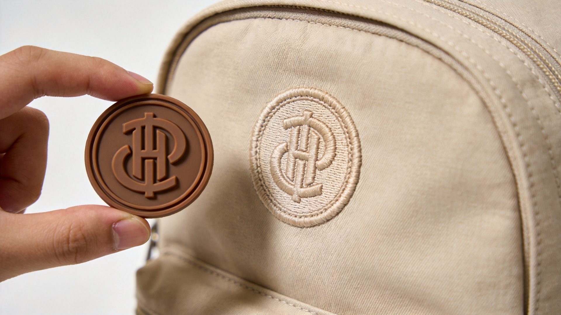 Custom backpack branding options including embroidery and rubber patches