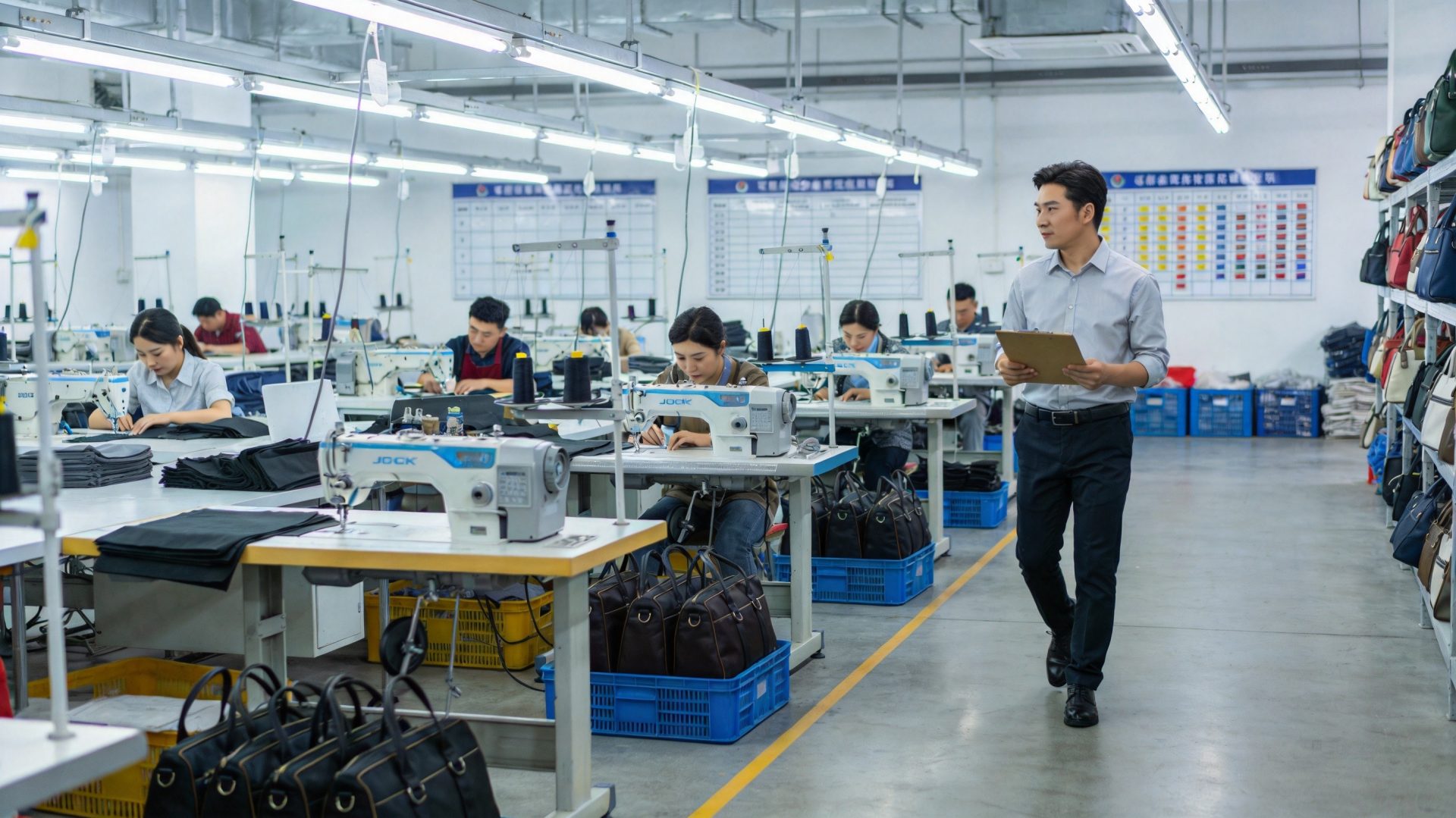Factory auditor inspecting bag manufacturing production line